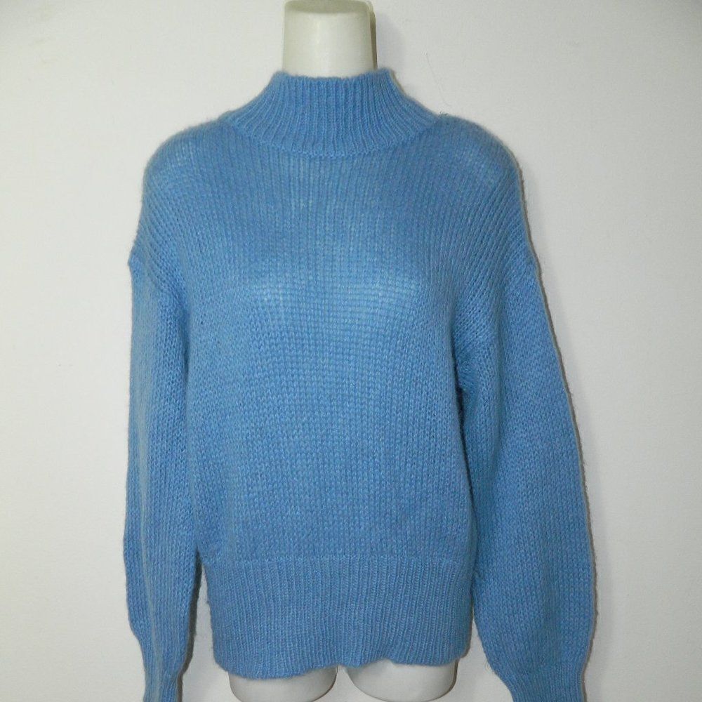 Mila Owen Sweater Blue Chunky Knit‎ Back Lace Up Mock Neck Cropped Sweater Small